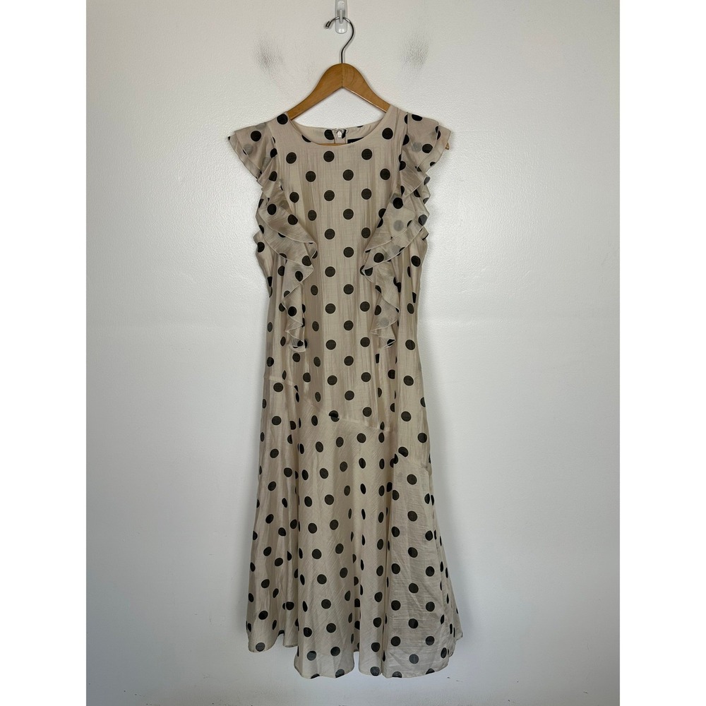 INC Chiffon Polka Dot Ruffle Midi Dress Sz S Cream Black Wedding Guest Feminine